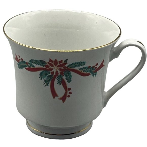 Poinsettia Ribbons Christmas tea cup white gold trim red flower ribbon READ - Picture 1 of 5